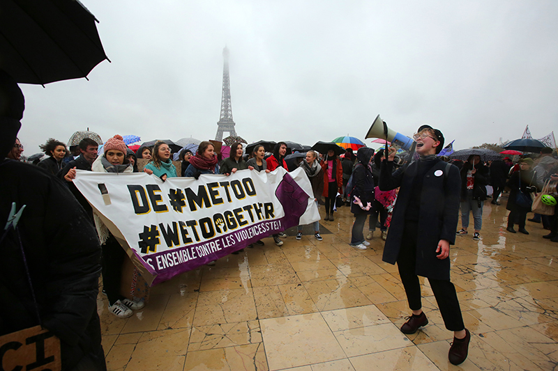 Protesters gather at the Trocadero, facing the Eiffel Tower, during the Women's March in Paris on Jan. 21, 2018. (Owen Franken/Corbis via Getty Images)